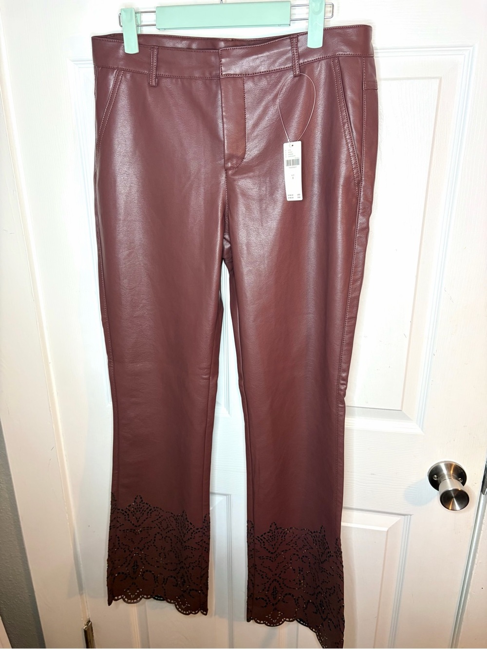 Anthropologie Laser Cut Faux Leather Novelty Slim Flare Pants Burgundy 8 NWT - Picture 6 of 13